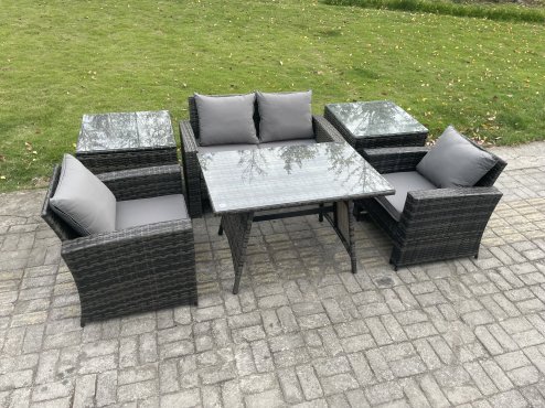 Fimous Outdoor Garden Furniture High Back Rattan Sofa Dining Table Set with 2 Side Tables Dark Grey Mixed