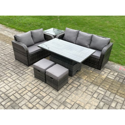 Fimous Outdoor Rattan Garden Furniture Sets Height Adjustable Rising lifting Dining Table Lounge Sofa Set With Side Table 2 Small Footstools Dark Grey Mixed