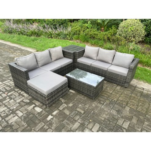 Fimous 7 Seater Rattan Garden Furniture Set Outdoor Patio Sofa Set with Oblong Coffee Table Side Table Big Footstool Dark Grey Mixed
