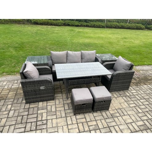 Fimous 7 Seater Rattan Outdoor Garden Furniture Set Rectangular Dining Table and Chair Sofa Set With 2 Side Tables 2 Small Footstools Dark Grey Mixed
