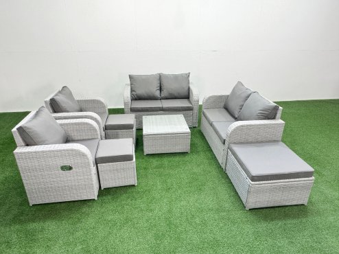Fimous 9 Seater Outdoor Reclining Chair Love Sofa Set Rattan Garden Furniture Set with Square Coffee Table 3 Stools Light Grey