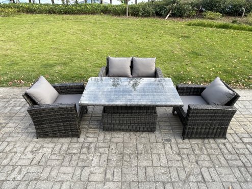 Fimous High Back Rattan Garden Furniture Sofa Sets with Height Adjustable Rising Lifting Table Side Table Big Footstool Dark Grey Mixed