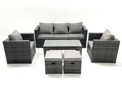 Fimous Rattan Garden Furniture Set Outdoor Lounger Sofa with Coffee Table 2 Armchair 2 Small Footstools Dark Grey Mixed