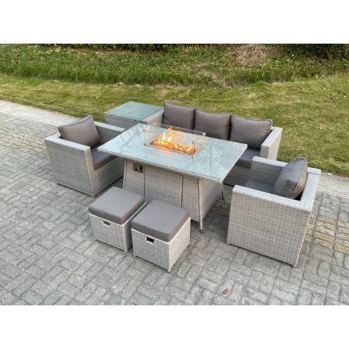Fimous Rattan Garden Furniture Set Gas Fire Pit Lounge Sofa Chair Dining Set With Side Table And 2 PC Arm Chair Stools