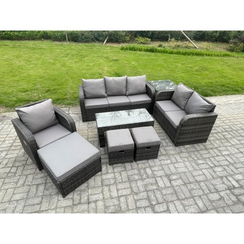 Fimous 9 Seater High Back Rattan Garden Furniture Set with Loveseat Sofa Rectangular Coffee Table Side Table 3 Footstools Indoor Outdoor Patio Lounge Sofa Set Dark Grey Mixed