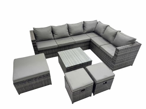 Fimous Outdoor PE Rattan Garden Furniture Sofa Set with Square Coffee Table 3 Stools Dark Grey