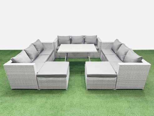 Fimous 11 Seat Outdoor Patio PE Rattan Garden Furniture with Cushions 3 Seater Sofa 2 Big Stools Light Grey