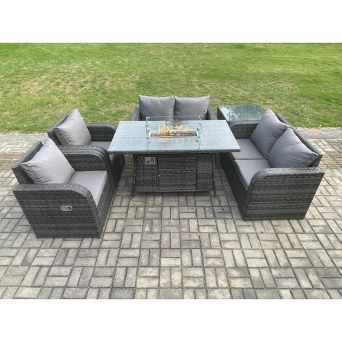 Fimous 6 Seater Rattan Garden Furniture Set Propane Gas Fire Pit Table and Sofa Chair set with Side Table