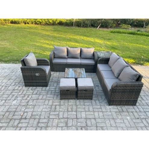 Fimous Outdoor Rattan Garden Furniture Set Conservatory Patio Sofa Coffee Table With Reclining Chair Side Table 2 Small Footstools Dark Grey Mixed