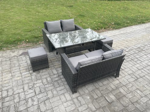 Fimous 6 Seater PE Wicker Rattan Garden Furniture Set Love Sofa Outdoor Rectangular Dining Table 2 Small Footstools Dark Grey Mixed