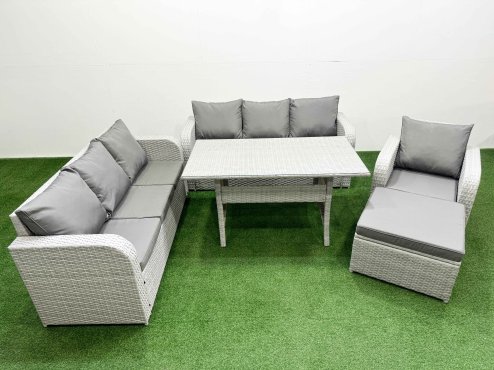 Fimous 8 Seater Poly Rattan Outdoor Garden Furniture Rectangular Dining Table Sofa Set Patio 3 Seater Sofa Reclining Chair 3 Seater Sofa Big Footstool Light Grey