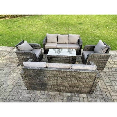 Fimous 8 Seater Dark Grey PE Wicker Rattan Garden Furniture Set Reclining Chair Lounge 3 Seater Sofa Set Outdoor Rectangular Coffee Table