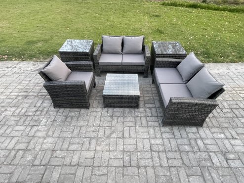 Fimous Outdoor Rattan Garden Furniture Set Conservatory Patio Sofa Coffee Table Set with Chair 2 Side Tables Dark Grey Mixed