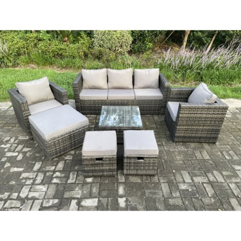 Fimous Wicker Rattan Garden Furniture Sofa Set with Armchair Square Coffee Table 3 Footstools Dark Grey Mixed