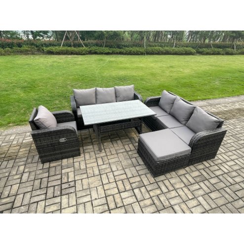 Fimous 8 Seater Rattan Garden Furniture Set Oblong Rectangular Dining Table and Chairs Set with 3 Seater Sofa Big Footstool Dark Grey Mixed