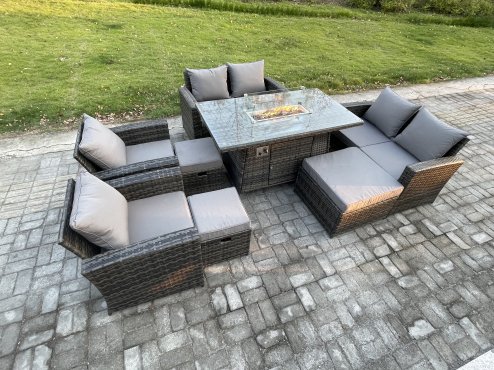 Fimous Outdoor Garden Furniture Sets 8 Pieces Wicker Rattan Furniture Gas Firepit Dining Table Sofa Set with 3 Footstools Dark Grey Mixed