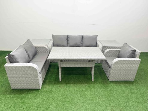 Fimous Patio PE Wicker 6 Seater Outdoor Rattan Furniture Sofa Sets with Rectangular Dining Table Reclining Chair Loveseat Sofa 3 Seater Sofa 2 Side Table Light Grey