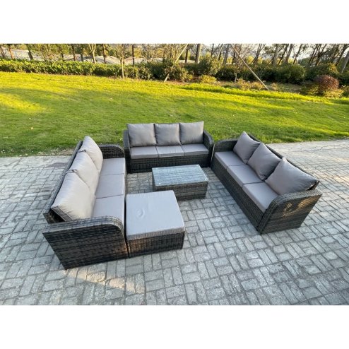 Fimous Rattan Lounge Sofa Set 10 Seater Outdoor Garden Furniture Set with Rectangular Coffee Table 3 Seater Sofa Big Footstool Dark Grey Mixed