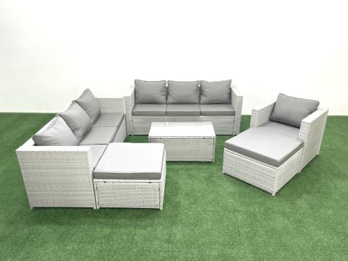 Fimous Wicker PE Rattan Sofa Garden Furniture Set with Armchair Oblong Coffee Table 2 Big Footstools Light Grey Mixed