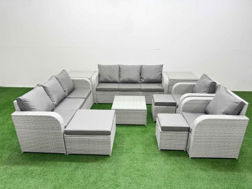 Fimous PE Rattan High Back Lounge Sofa Set Patio Square Coffee Table & Chairs Set with 3 Seater Sofa Reclining Chair 3 Stools 2 Side Table Light Grey