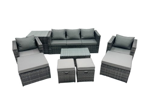Fimous Outdoor Coffee Table Sofa Armchair Set with Side Table 2 Big Stools 2 Small Footstools Garden Furniture Set Dark Grey Mixed