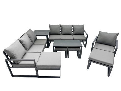 Fimous Outdoor Garden Furniture Set Aluminium Lounge 3 Seat Sofa Oblong Coffee Table Sets with Chair 4 Stools Side Table Dark Grey