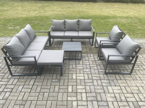 Fimous Aluminium Patio Outdoor Garden Furniture Lounge Sofa Set with Square Coffee Table 2 Chairs Big Footstool Dark Grey