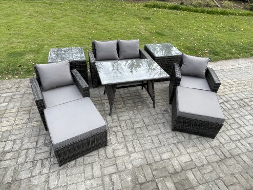 Fimous Rattan Wicker Garden Furniture 6 Seater Patio Conservatory Sofa Set with Rectangular Dining Table Armchair 2 Seater Sofa 2 Big Footstool 2 Side Tables