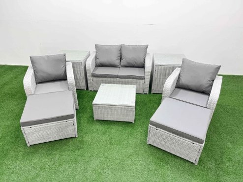 Fimous Light Grey PE Wicker Rattan Garden Furniture Set Sofa Set Reclining Adjustable Chair Square Coffee Table 6 Seater 2 Big Stools 2 Side Table