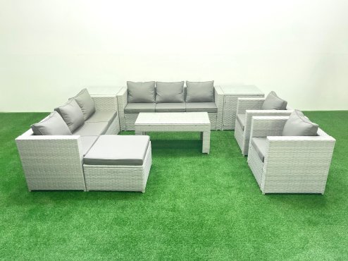 Fimous Outdoor Garden Furniture Rattan Sofa Set with 2 Armchairs Oblong Coffee Table Big Footstool 2 Side Tables Light Grey Mixed