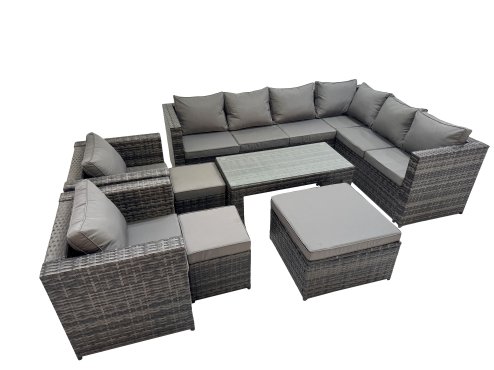 Fimous Outdoor Rattan Oblong Coffee Table Corner Sofa Sets Garden Furniture Set with 2 Chairs 2 Small Stools Dark Grey Mixed