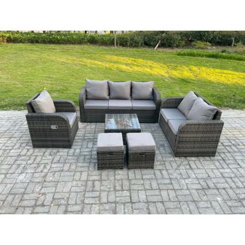 Fimous Rattan Garden Furniture 6 Piece Patio Set With Table Sofa Square Coffee Table Reclining Chair Love seat sofa 2 Small Footstools