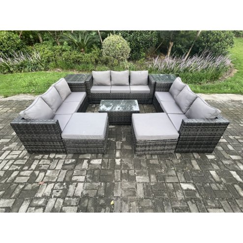 Fimous Outdoor Lounge Sofa Set Wicker PE Rattan Garden Furniture Set with Oblong Coffee Table 2 Side Tables 2 Big Footstool 11Seater Dark Grey Mixed