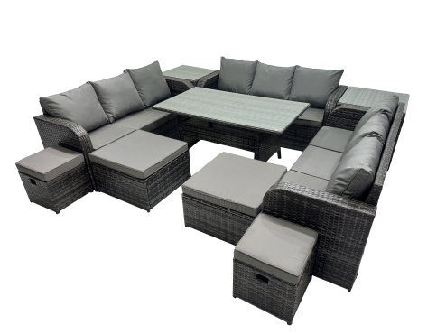 Fimous 13 Seater Garden Outdoor Rattan Furniture Set Rattan Sofa Oblong Dining Table with 2 Side Table 4 Footstools Dark Grey