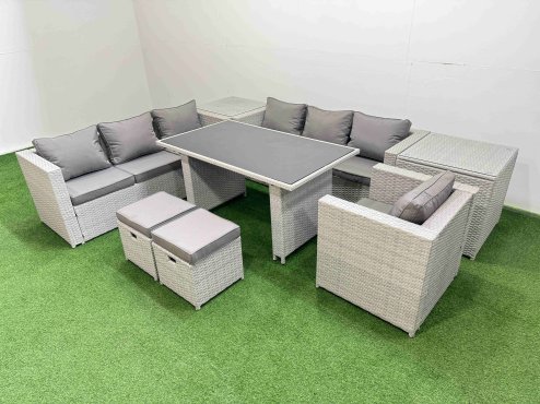 Fimous Patio Garden Furniture Sets with Black Glass Top Dining Table 3 Seater Sofa Armchair 2 Side Tables 2 Small Stool Light Grey