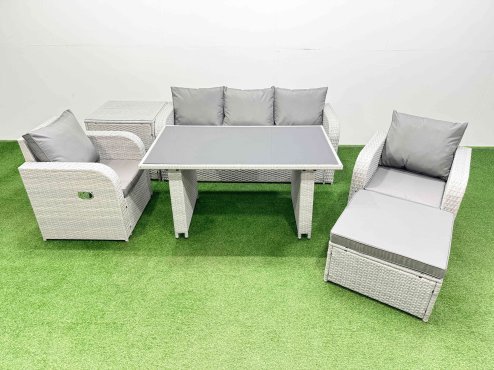 Fimous Outdoor Rattan Garden Furniture Dining Set 6-seater Patio Rectangular Table 3 Seater Sofa Reclining Chair Set with Side Table Big Stool