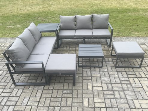 Fimous Aluminium 6 Pieces Garden Furniture Sofa Set with Cushions 8 Seater Outdoor Patio Set with Square Coffee Table Side Table 2 Big Footstools Dark Grey