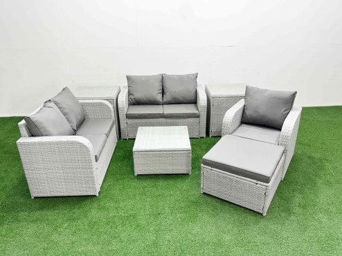 Fimous High Back Poly Rattan Garden Furniture Set with Reclining Chair Loveseat Sofa Square Coffee Table Indoor Outdoor Patio Set Big Stool 2 Side Table Light Grey