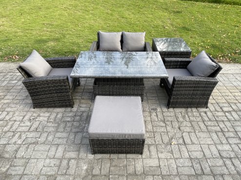 Fimous Outdoor Garden Dining Sets 5 Seater Rattan Patio Furniture Sofa Set with Rising Lifting Table Big Footstool Side Table Dark Grey Mixed