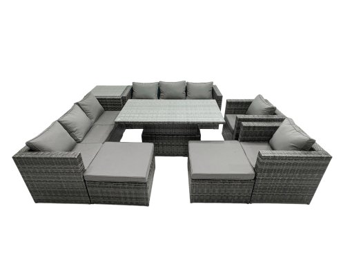 Fimous Rattan Dining Table Sofa Set with Side Table 2 Armchair 2 Stools Outdoor 10 Seat Garden Furniture Set Dark Grey Mixed