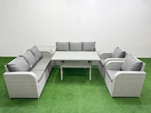 Fimous PE Rattan High Back Lounge Sofa Set Patio Rectangular Dining Table & Chairs Set with 3 Seater Sofa Reclining Chair Side Table Light Grey
