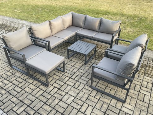 Fimous 9 Seater Outdoor Aluminium Garden Furniture Set Corner Lounge Sofa Set with Square Coffee Table Chair Big Footstool Dark Grey