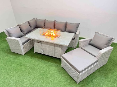 Fimous 8 Seat Rattan Garden Furniture Corner Sofa Set Outdoor Gas Fire Pit Table Sets with Big Footstool Light Grey
