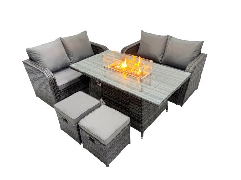 Fimous 6-seater Patio Gas Firpit Dining Table Sofa Sets Rattan Garden Furniture Dining Set with 2 Small Stools Dark Grey Mixed