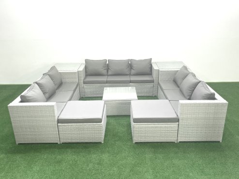 Fimous Rattan Garden Outdoor Furniture Set 11 Seater Rattan Garden Sofa Set with 2 Big Footstools 2 Side Tables Light Grey Mixed