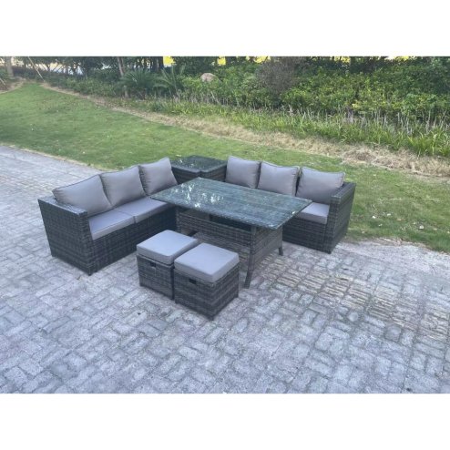 Fimous PE Wicker Outdoor Garden Furniture Set Patio Rattan Rectangular Dining Table Lounge Sofa with 2 Small Footstool Side Table 8 Seater Dark Grey Mixed