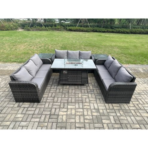 Fimous Rattan Furniture Garden Dining Set Gas Fire Pit Table With 2 Side Tables Lounge Sofa Dark Grey Mixed