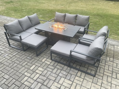 Fimous Aluminium Outdoor Garden Furniture Set Patio Lounge Sofa Gas Fire Pit Dining Table Set with 2 Big Footstools Dark Grey