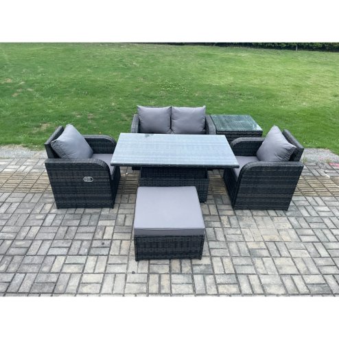 Fimous PE Rattan Outdoor Garden Furniture Set Height Adjustable Rising lifting Dining Table Love Sofa With Side Table Chair Big Footstool