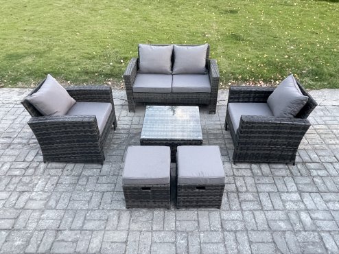 Fimous 6 Seater Outdoor Garden Furniture High Back Rattan Sofa Set with Square Coffee Table 2 Small Footstools Dark Grey Mixed